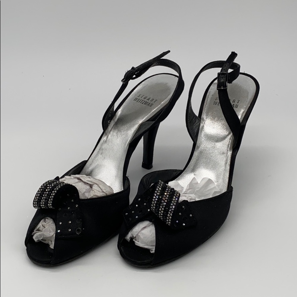 Stuart Weitzman Black Rhinestone Open Toe Heel sz8